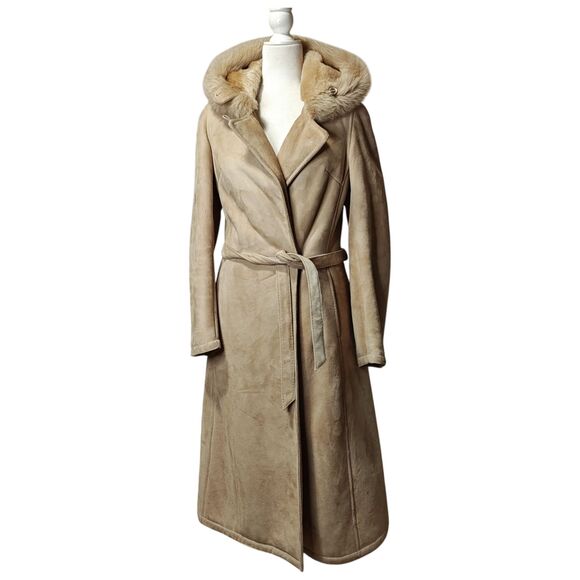 Leder Fischer Shearling Coat Womens Small Tan Suede Hooded Fur Trim Belted Long - Picture 1 of 16